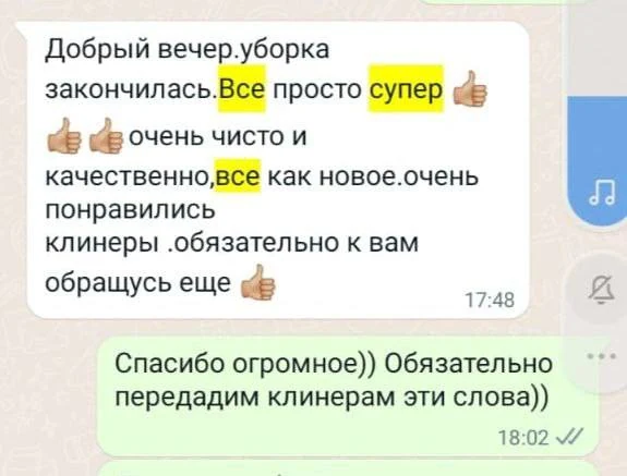Добрый вечер.уборка закончилась.Все просто супер 👍 👍👍очень чисто и качественно,все как новое.очень понравились клинеры .обязательно к вам обращусь еще 👍