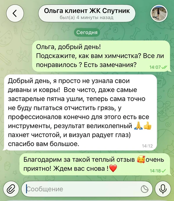 Добрый день, я просто не узнала свои диваны и ковры! Все чисто, даже самые застарелые пятна ушли, теперь сама точно не буду пытаться отчистить грязь, у профессионалов конечно для этого есть все инструменты, результат великолепный 🙏👍 пахнет чистотой, и визуал радует глаз) спасибо вам большое.